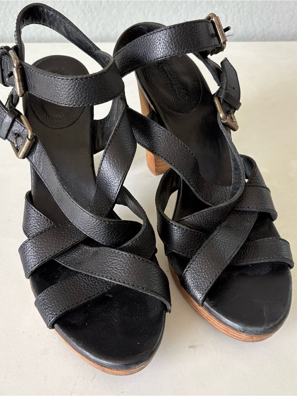 Madewell Black Leather Ankle Strap Platform Wood High Heels Sandals Womens Sz 10